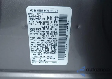 2012 Nissan Murano S из США, поврежденный, VIN JN8AZ1MW8CW200399